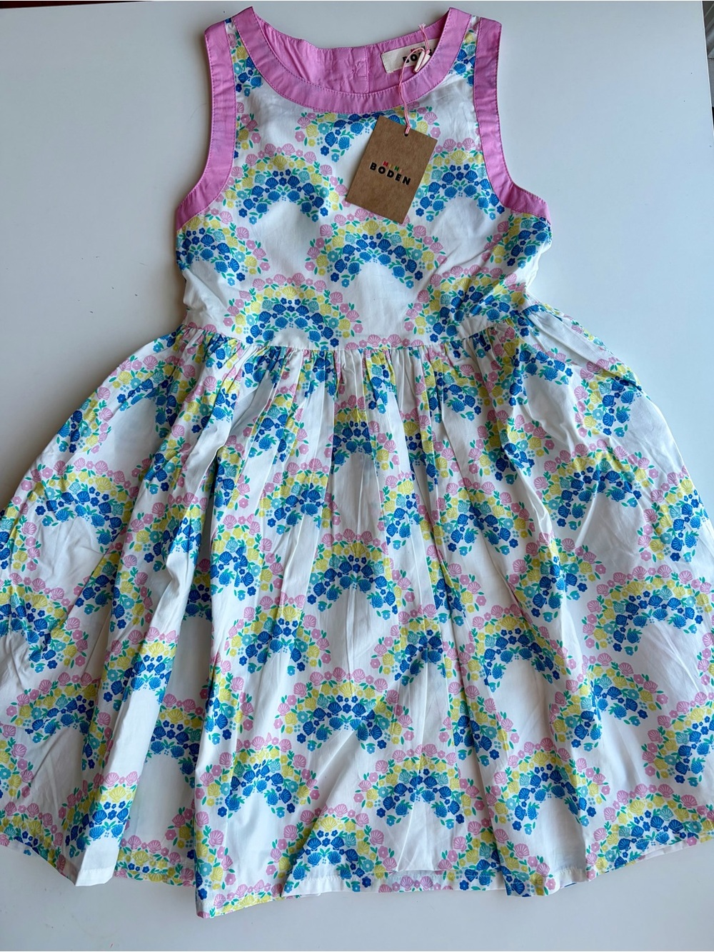Mini Boden 8-9Y NWT White Dress rainbow design
